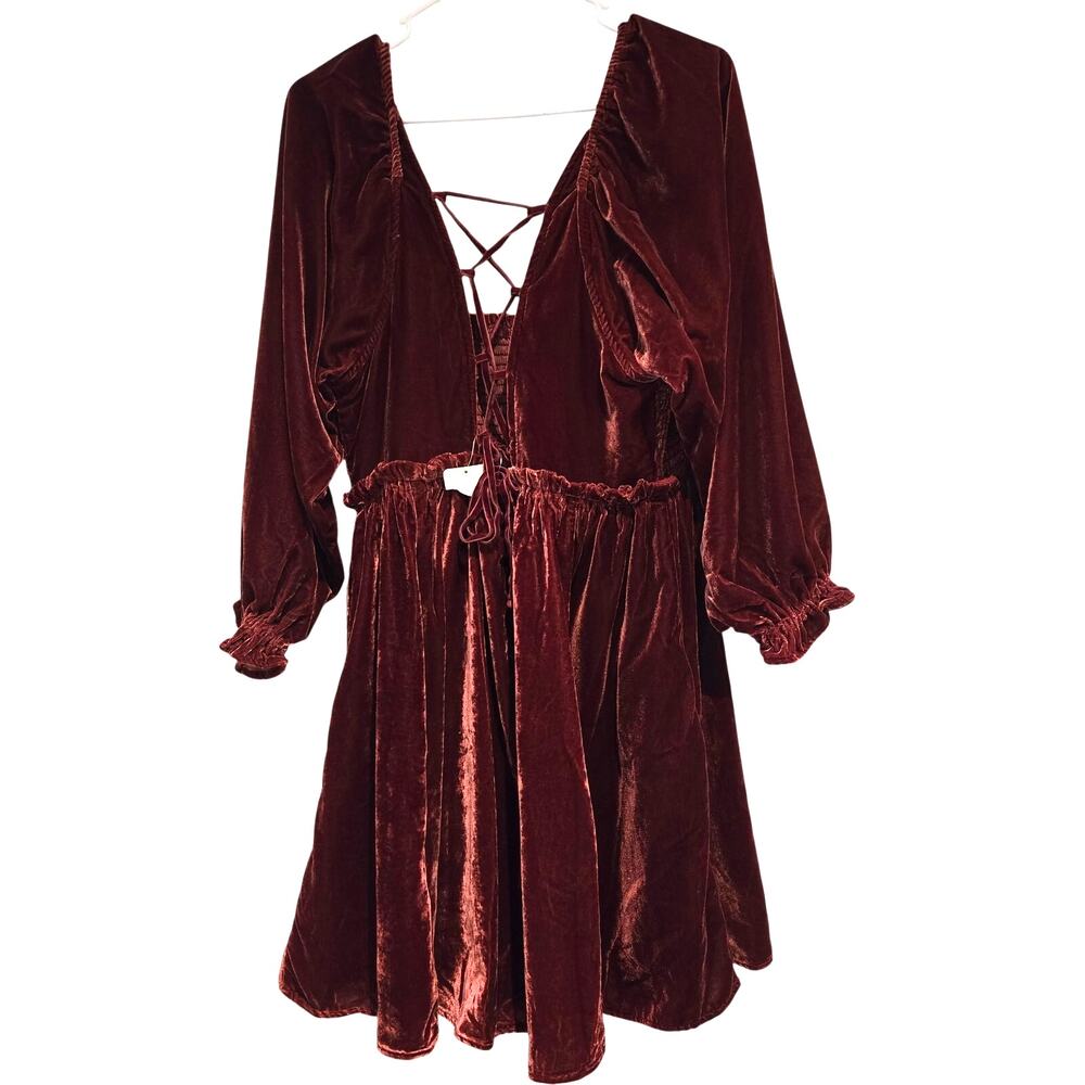 Free People Daphne Velvet Babydoll Dress. Smocked Renaissance Whimsigoth-Sz L - Picture 7 of 11